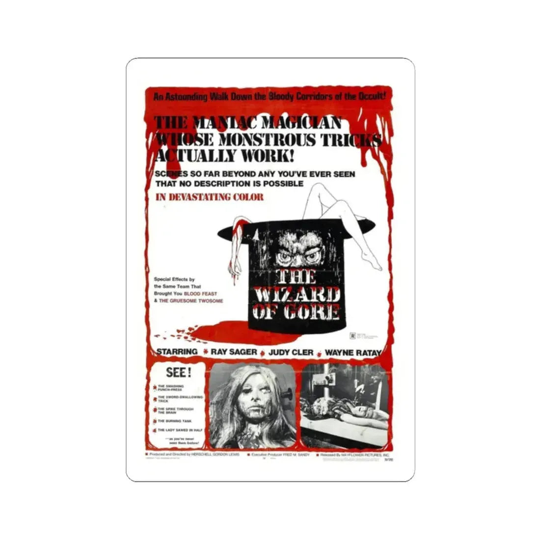 THE WIZARD OF GORE 1970 Movie Poster - STICKER Vinyl Kiss-Cut Decal 2 Inch White - The Sticker Space