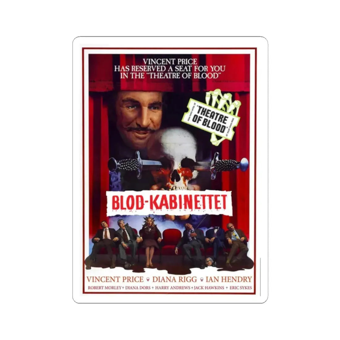 THEATRE OF BLOOD (DANISH) 1973 Movie Poster - STICKER Vinyl Kiss-Cut Decal 2 Inch White - The Sticker Space
