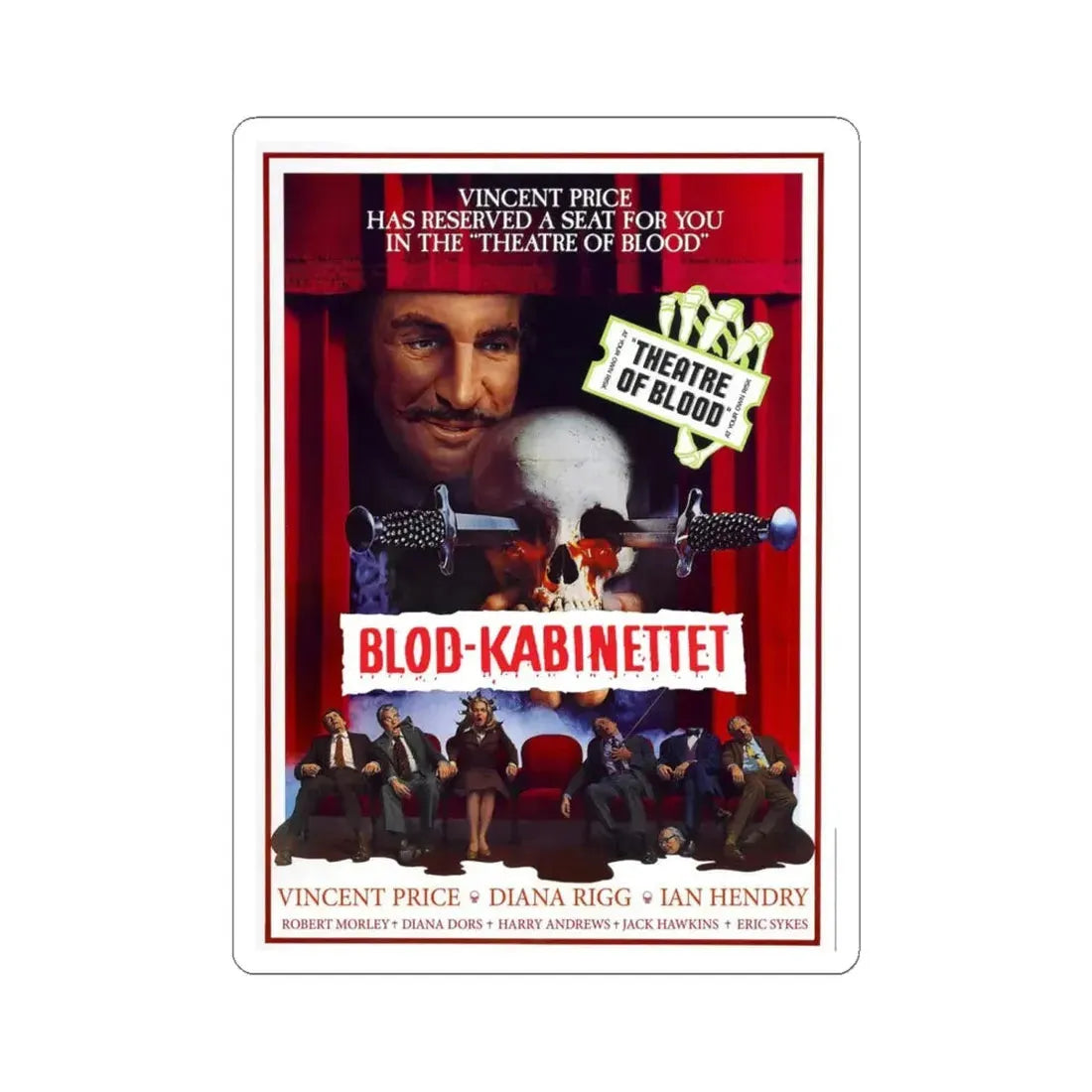 THEATRE OF BLOOD (DANISH) 1973 Movie Poster - STICKER Vinyl Kiss-Cut Decal 6 Inch White - The Sticker Space