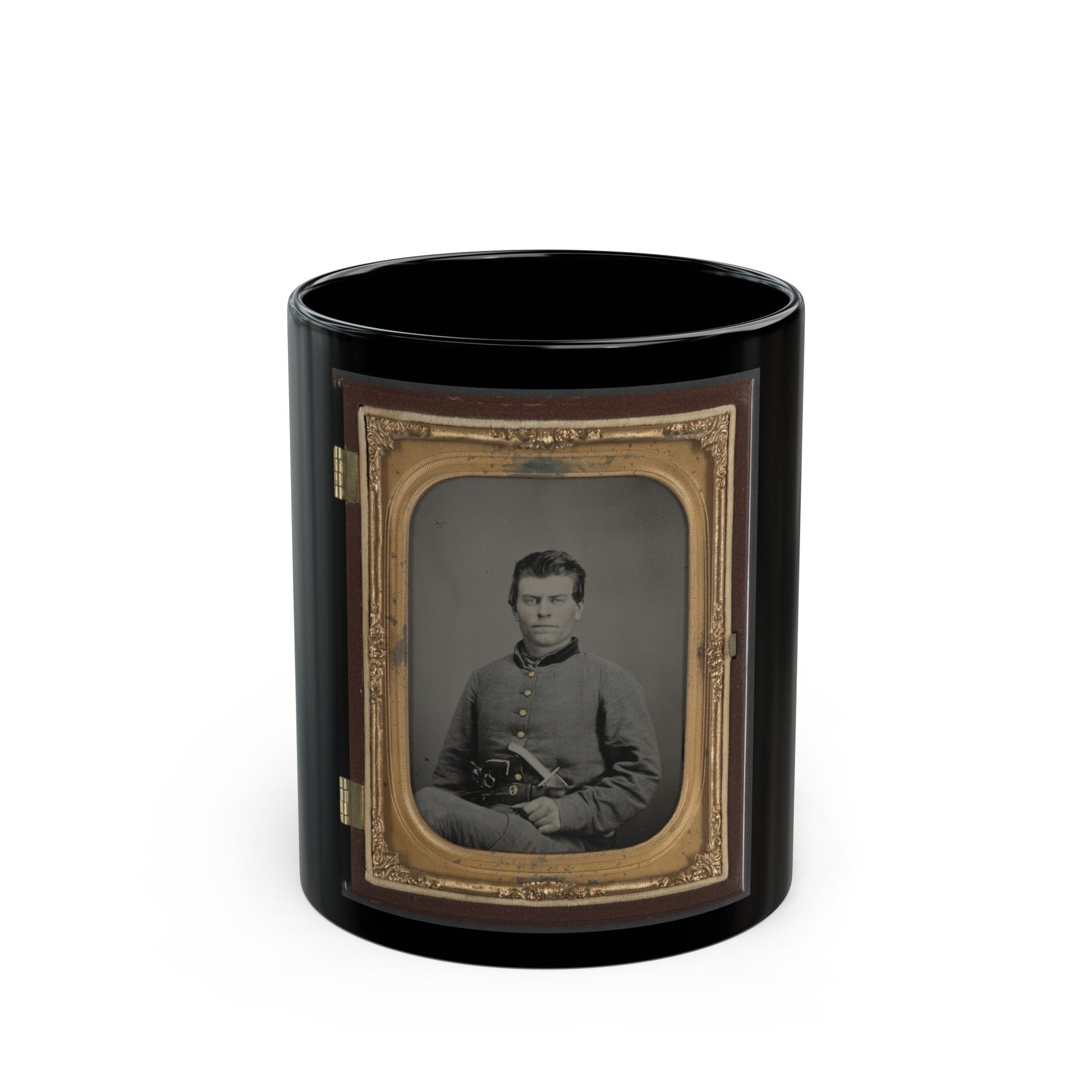 Theophilus Mann Of Company G, 1st (Farinholt's) Virginia Infantry Battalion Reserves, With Pistol And Knife (U.S. Civil War) Black Coffee Mug-11oz-The Sticker Space