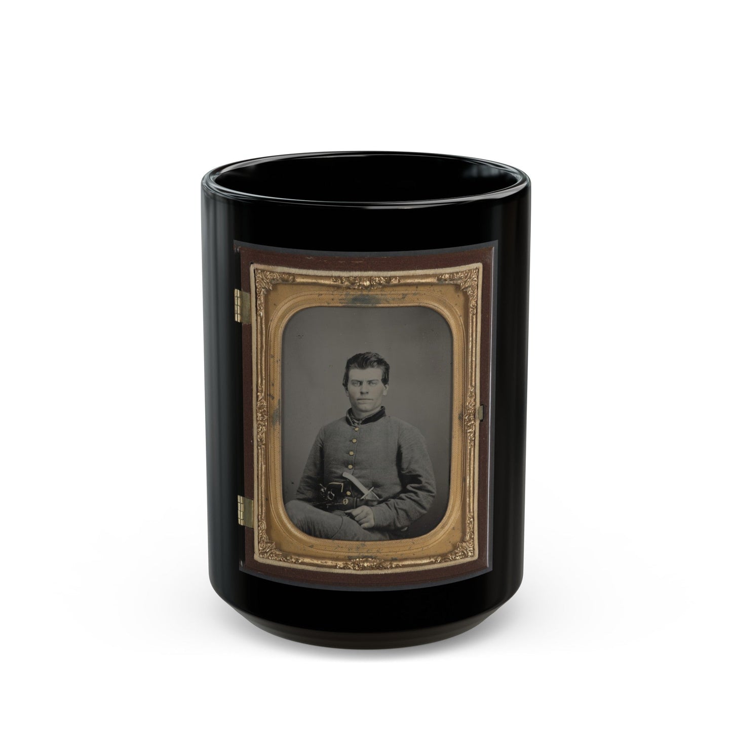 Theophilus Mann Of Company G, 1st (Farinholt's) Virginia Infantry Battalion Reserves, With Pistol And Knife (U.S. Civil War) Black Coffee Mug-15oz-The Sticker Space