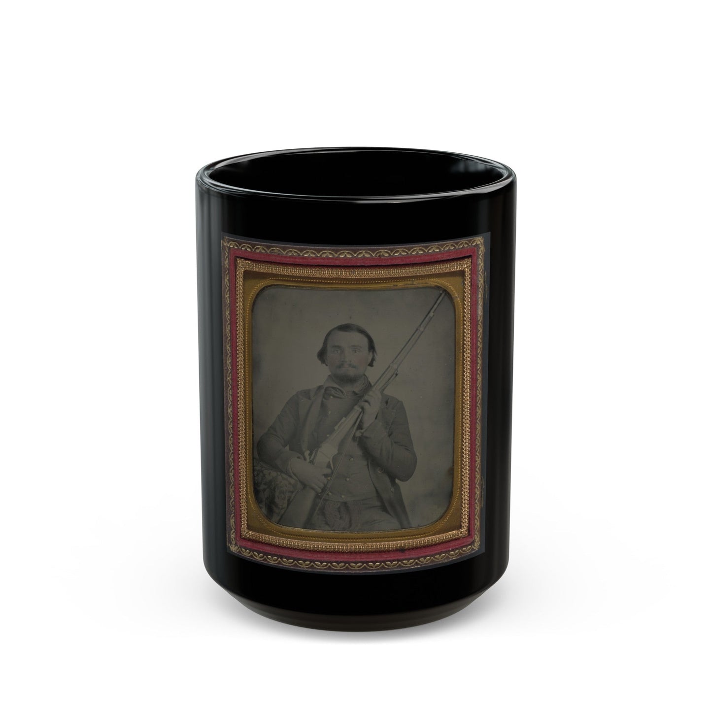 Third Lieutenant John Alphonso Beall Of Company D, 14th Texas Cavalry Regiment, With Berdan Sharps Rifle (U.S. Civil War) Black Coffee Mug-15oz-The Sticker Space