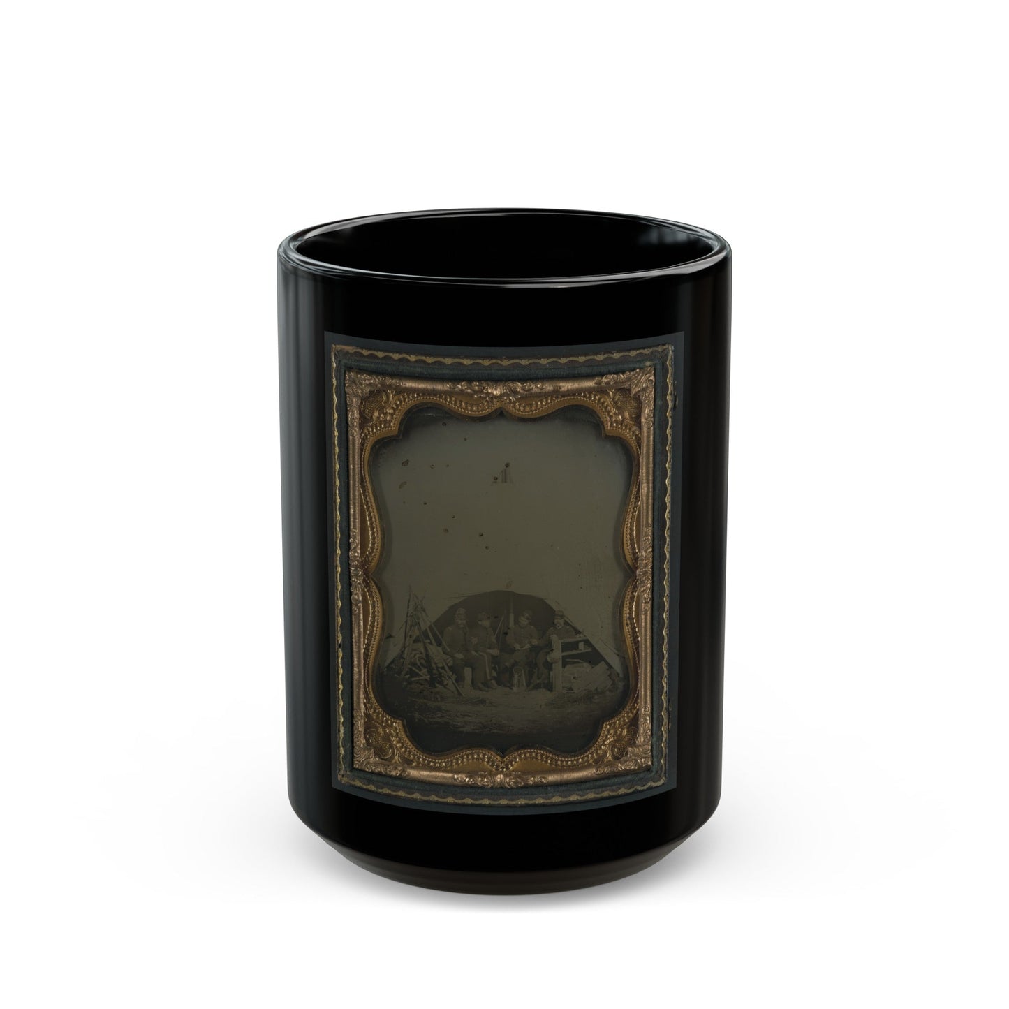 Three Unidentified Officers And A 1st Sergeant Of The 7th New Hampshire Infantry Regiment In Front Of A Sibley Tent (U.S. Civil War) Black Coffee Mug-15oz-The Sticker Space