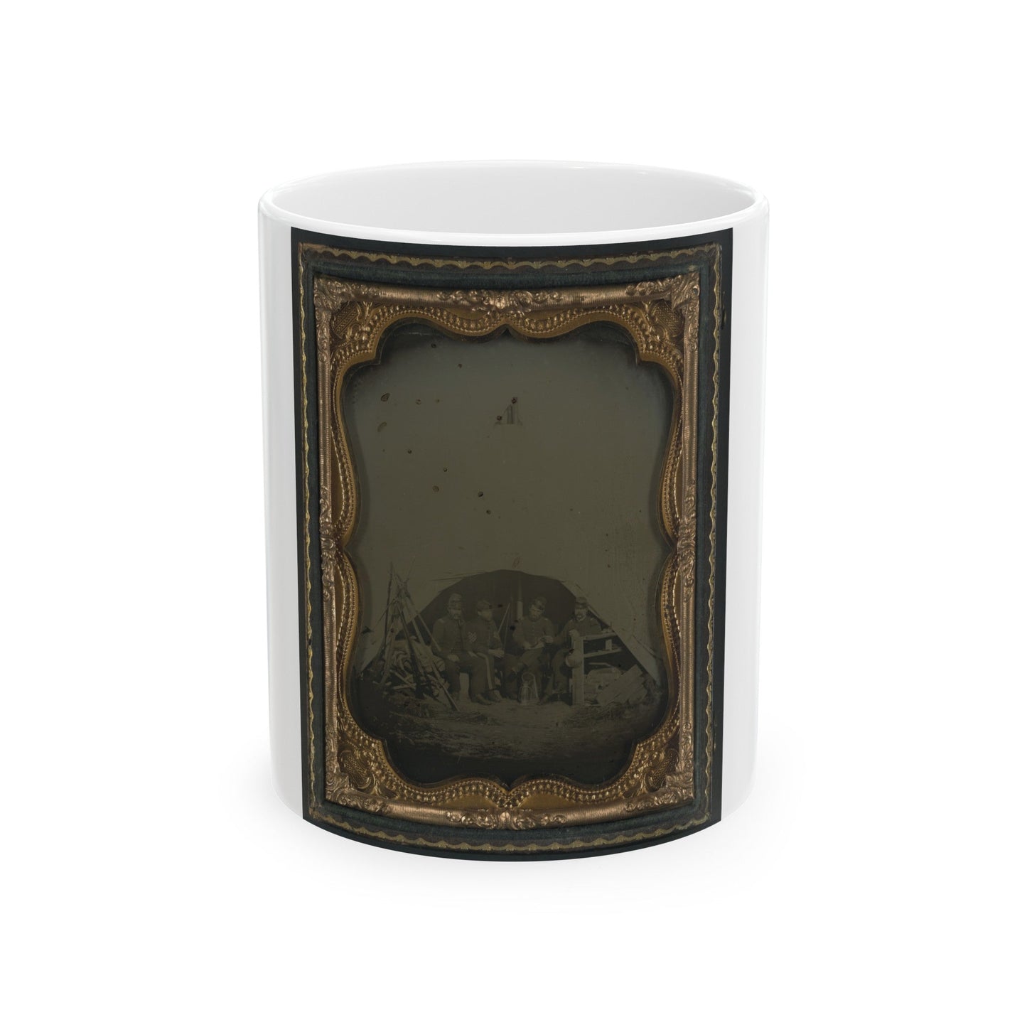 Three Unidentified Officers And A 1st Sergeant Of The 7th New Hampshire Infantry Regiment In Front Of A Sibley Tent (U.S. Civil War) White Coffee Mug-11oz-The Sticker Space