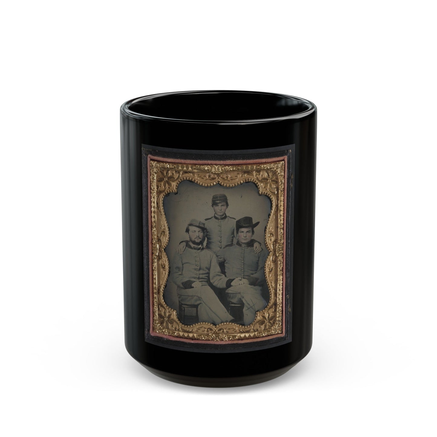 Three Unidentified Soldiers In Confederate Artillerymen Uniforms (U.S. Civil War) Black Coffee Mug-15oz-The Sticker Space