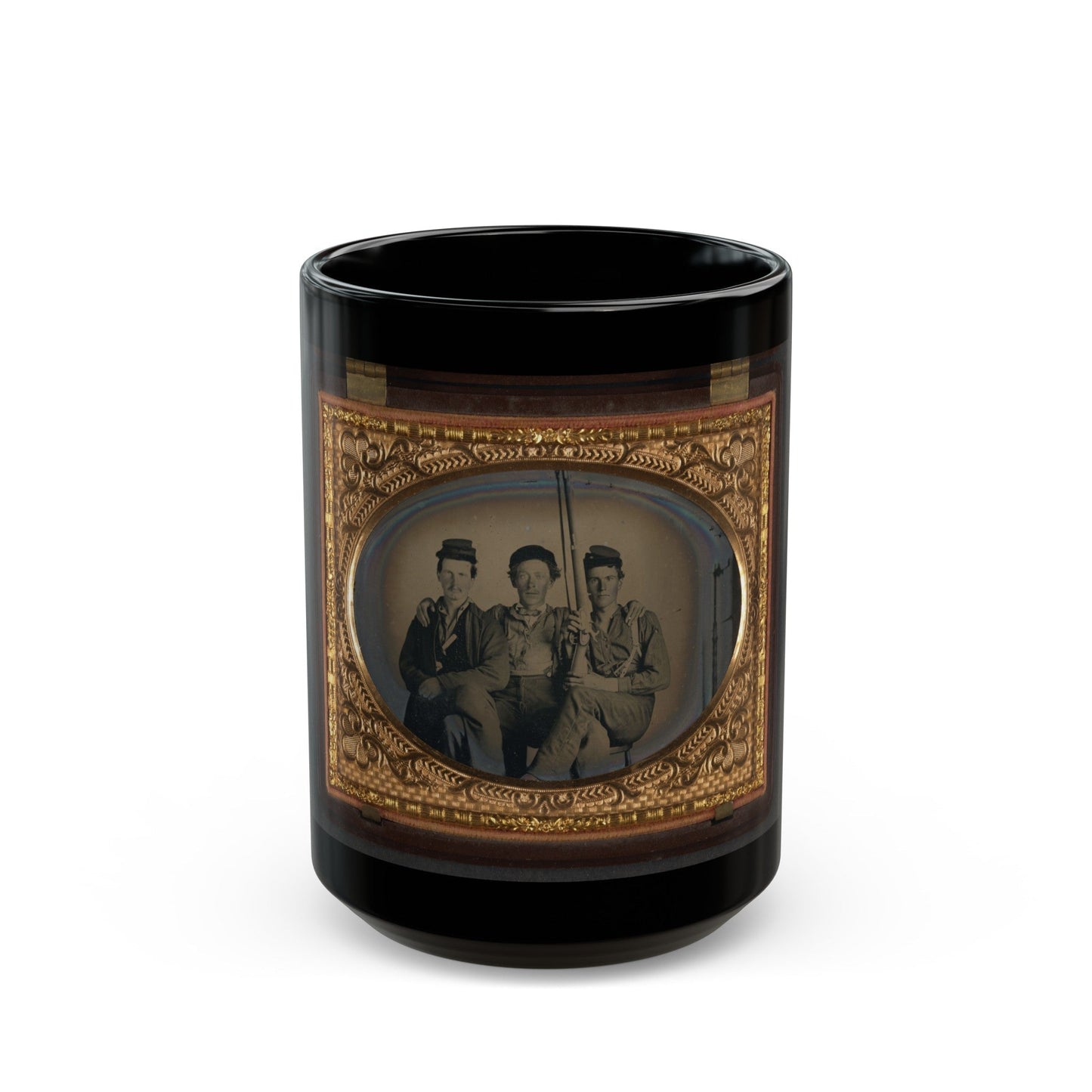 Three Unidentified Soldiers In Forage Caps With Musket, Probably Union Uniforms (U.S. Civil War) Black Coffee Mug-15oz-The Sticker Space