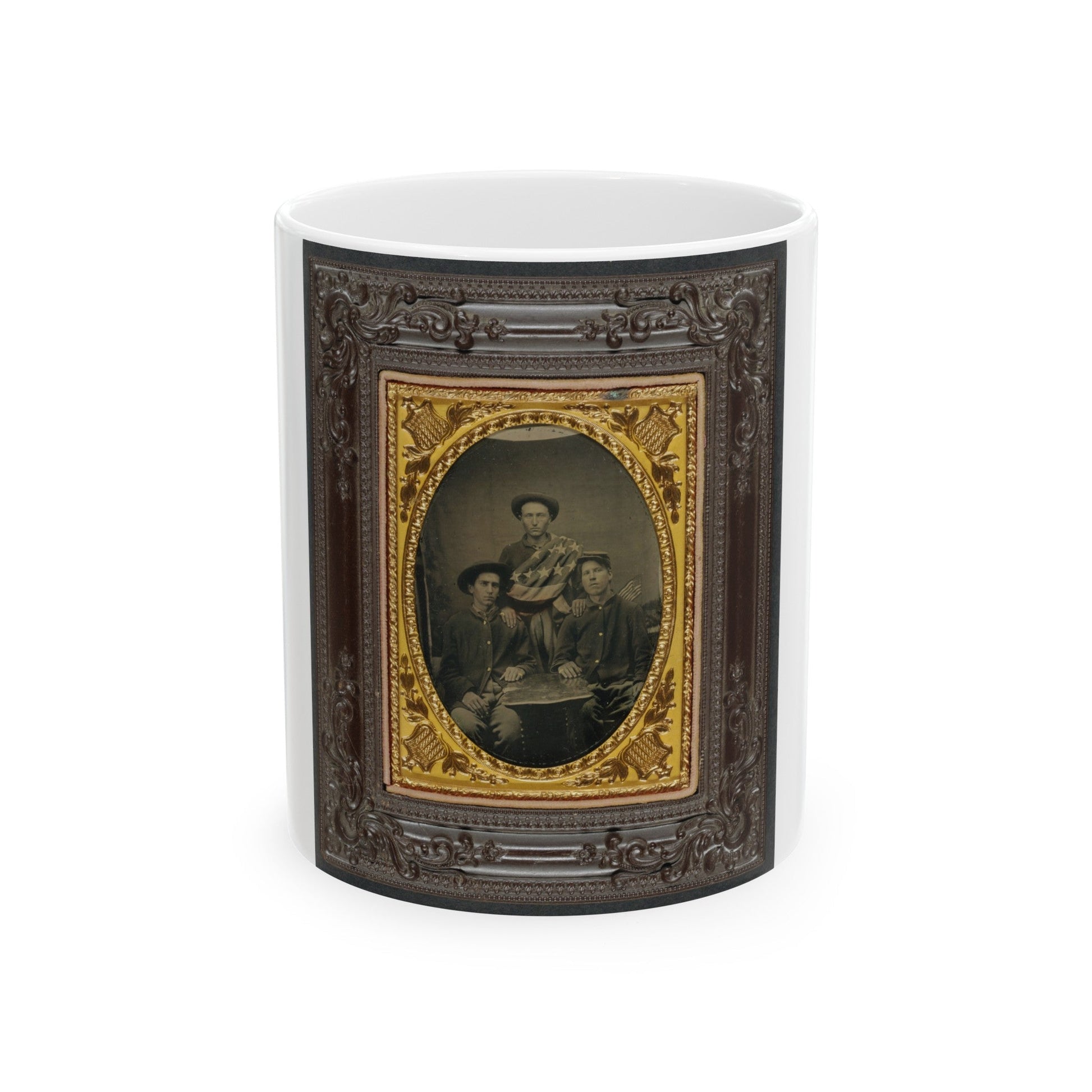 Three Unidentified Soldiers In Front Of Painted Backdrop Showing 34-Star American Flag (U.S. Civil War) White Coffee Mug-11oz-The Sticker Space