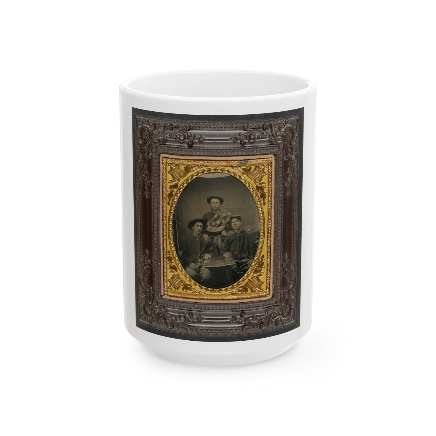 Three Unidentified Soldiers In Front Of Painted Backdrop Showing 34-Star American Flag (U.S. Civil War) White Coffee Mug-15oz-The Sticker Space