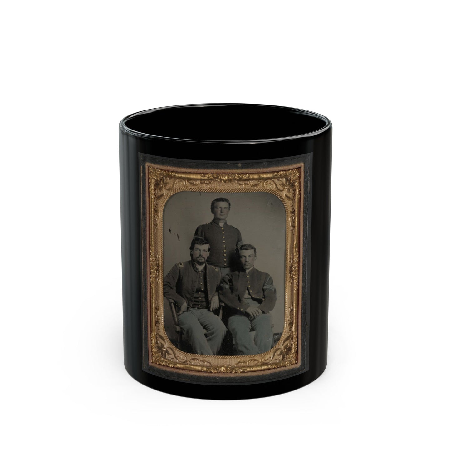 Three Unidentified Soldiers In Union 1st Lieutenant, 1st Sergeant, And Master Sergeant Uniforms (U.S. Civil War) Black Coffee Mug-11oz-The Sticker Space