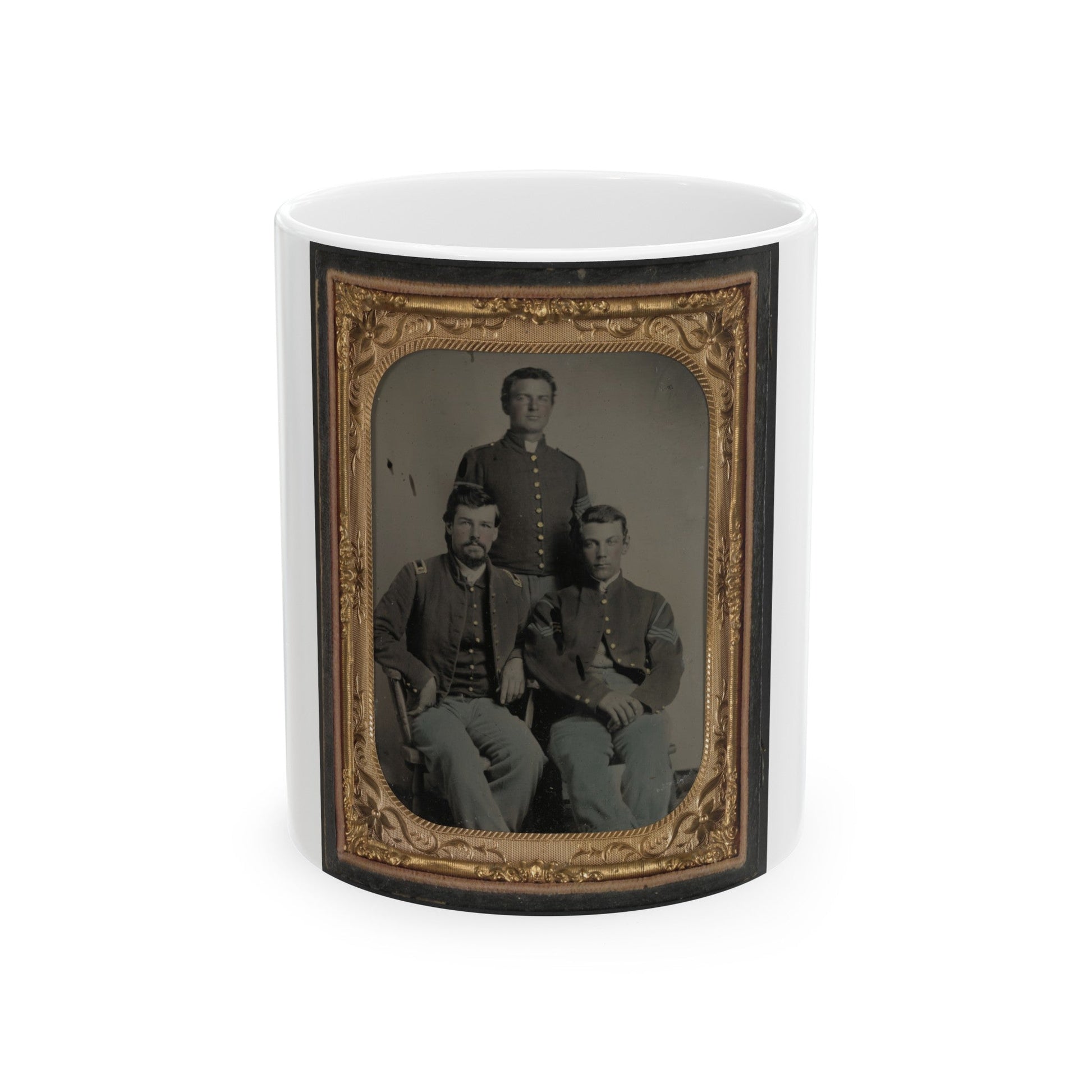 Three Unidentified Soldiers In Union 1st Lieutenant, 1st Sergeant, And Master Sergeant Uniforms (U.S. Civil War) White Coffee Mug-11oz-The Sticker Space