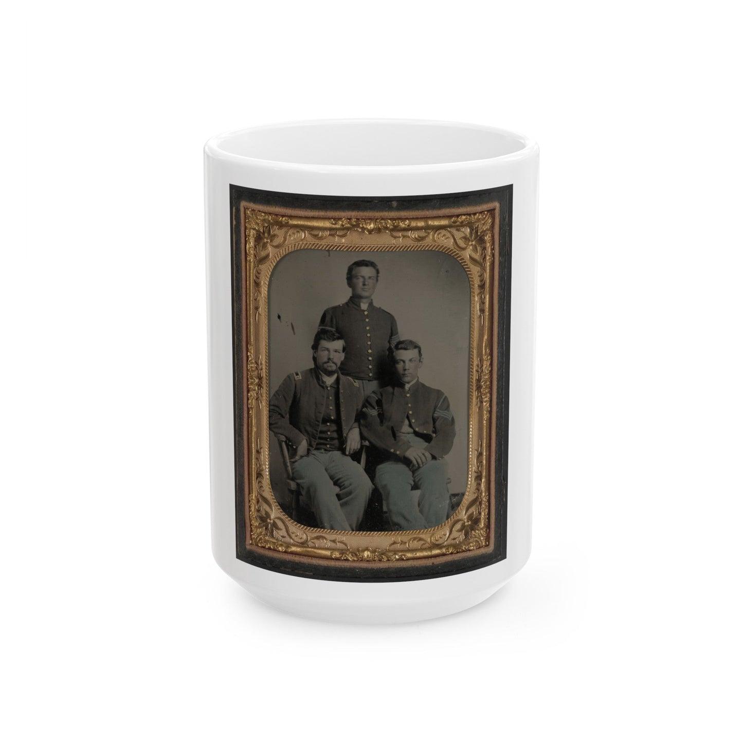 Three Unidentified Soldiers In Union 1st Lieutenant, 1st Sergeant, And Master Sergeant Uniforms (U.S. Civil War) White Coffee Mug-15oz-The Sticker Space