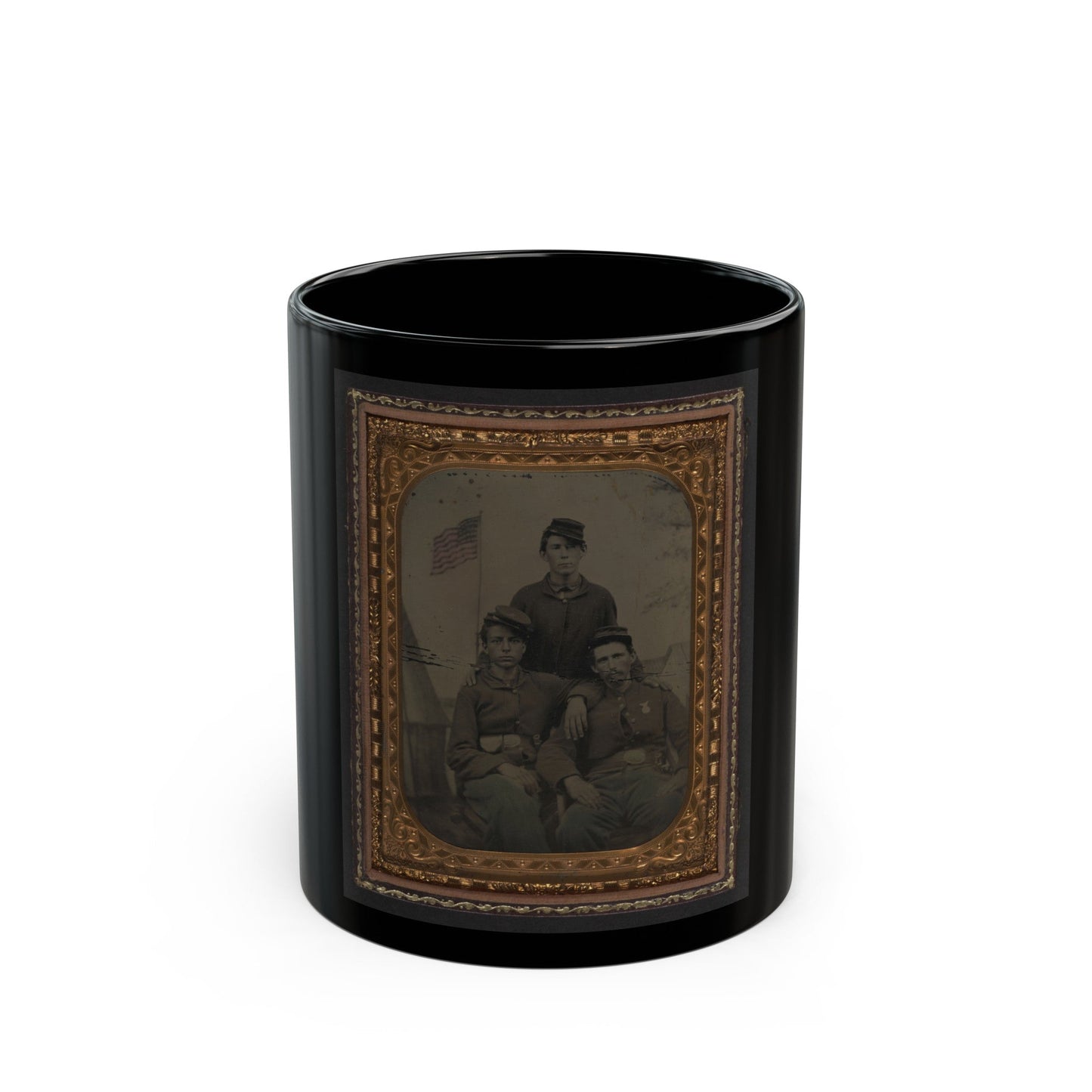 Three Unidentified Soldiers In Union Uniform In Front Of Painted Military Camp Scene Backdrop (U.S. Civil War) Black Coffee Mug-11oz-The Sticker Space