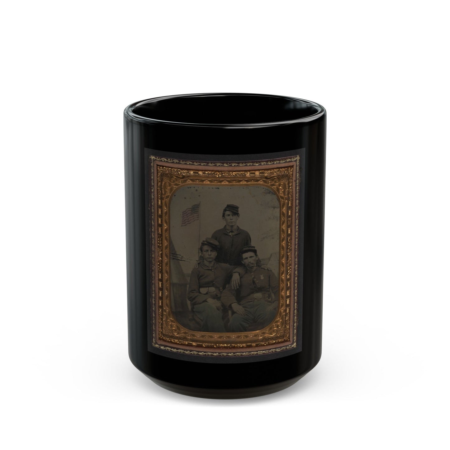 Three Unidentified Soldiers In Union Uniform In Front Of Painted Military Camp Scene Backdrop (U.S. Civil War) Black Coffee Mug-15oz-The Sticker Space