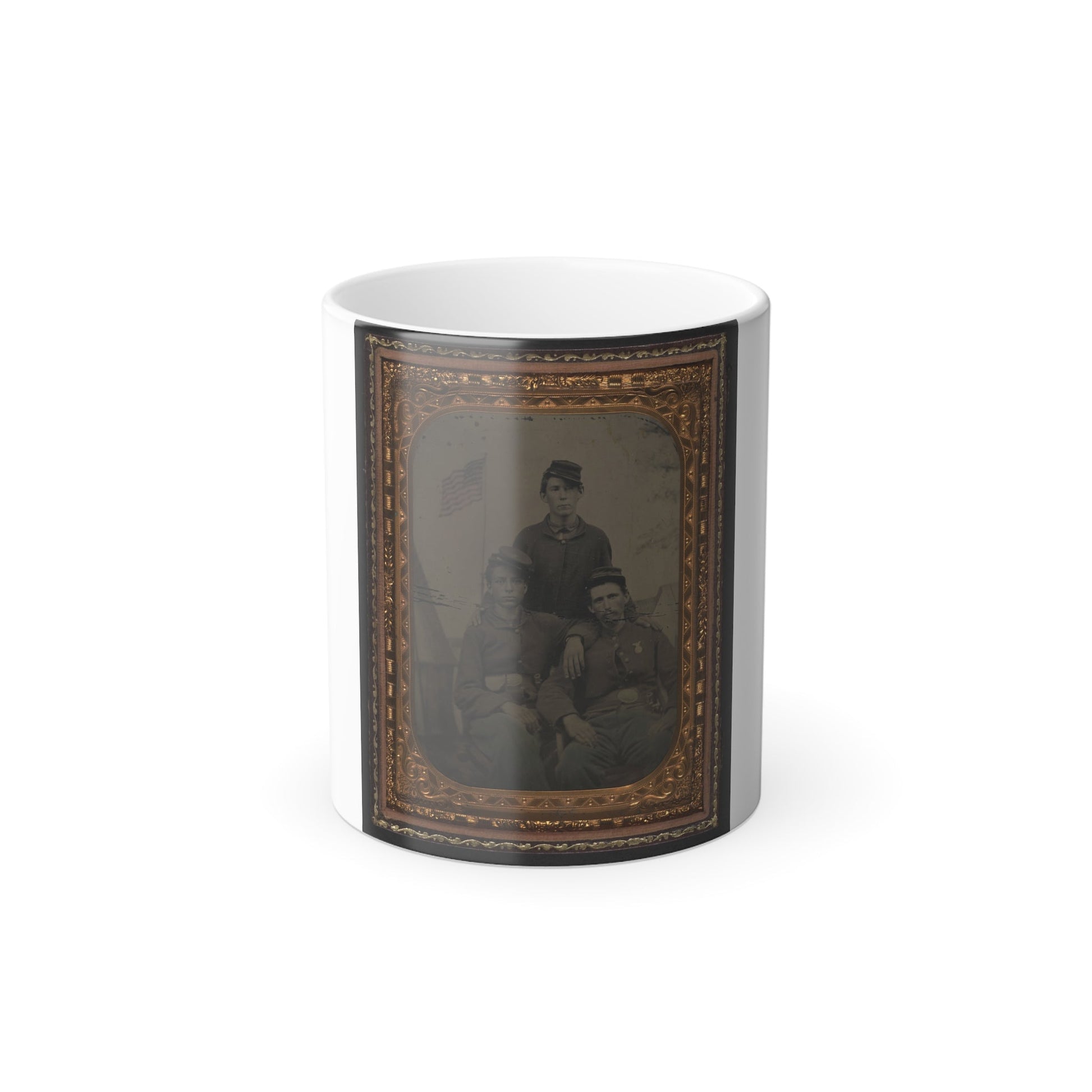 Three Unidentified Soldiers in Union Uniform in Front of Painted Military Camp Scene Backdrop (U.S. Civil War) Color Morphing Mug 11oz-11oz-The Sticker Space