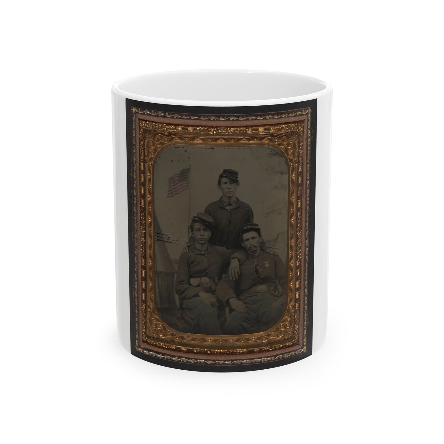 Three Unidentified Soldiers In Union Uniform In Front Of Painted Military Camp Scene Backdrop (U.S. Civil War) White Coffee Mug-11oz-The Sticker Space