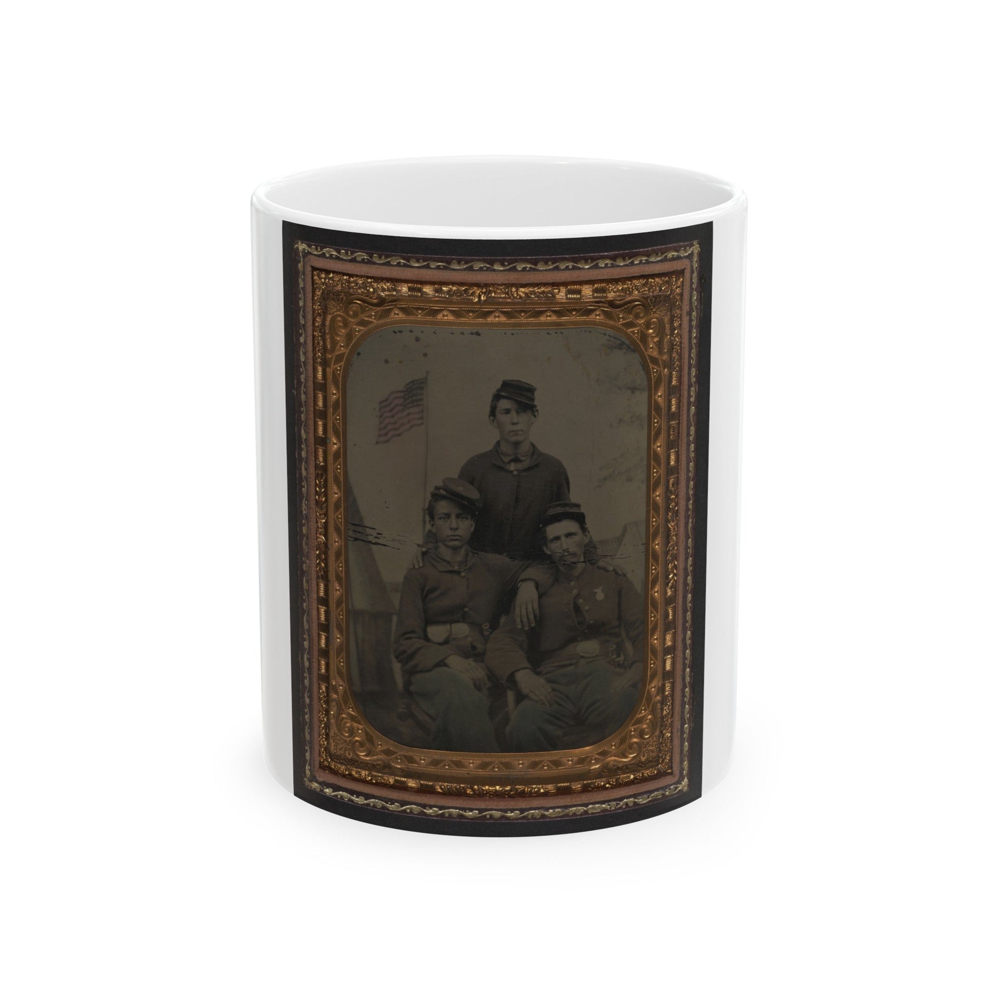 Three Unidentified Soldiers In Union Uniform In Front Of Painted Military Camp Scene Backdrop (U.S. Civil War) White Coffee Mug-11oz-The Sticker Space