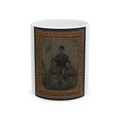 Three Unidentified Soldiers In Union Uniform In Front Of Painted Military Camp Scene Backdrop (U.S. Civil War) White Coffee Mug-11oz-The Sticker Space