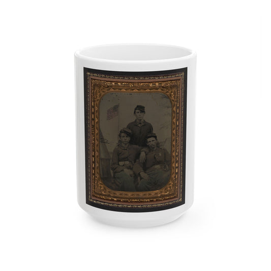 Three Unidentified Soldiers In Union Uniform In Front Of Painted Military Camp Scene Backdrop (U.S. Civil War) White Coffee Mug-15oz-The Sticker Space