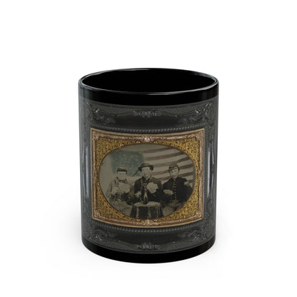 Three Unidentified Soldiers Playing Cards, Smoking, And Drinking In Front Of American Flag (U.S. Civil War) Black Coffee Mug-11oz-The Sticker Space