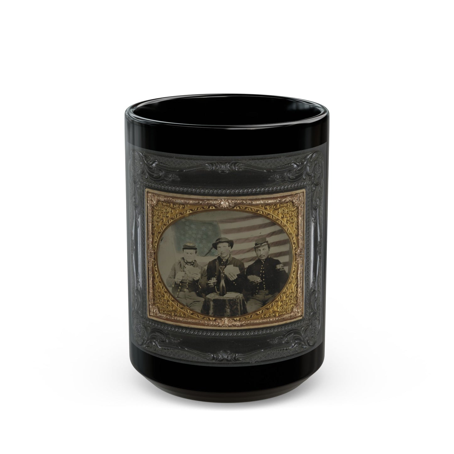 Three Unidentified Soldiers Playing Cards, Smoking, And Drinking In Front Of American Flag (U.S. Civil War) Black Coffee Mug-15oz-The Sticker Space