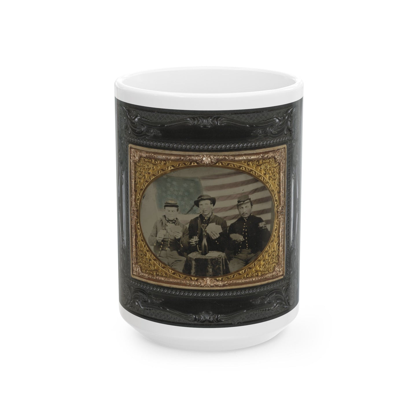 Three Unidentified Soldiers Playing Cards, Smoking, And Drinking In Front Of American Flag (U.S. Civil War) White Coffee Mug-15oz-The Sticker Space