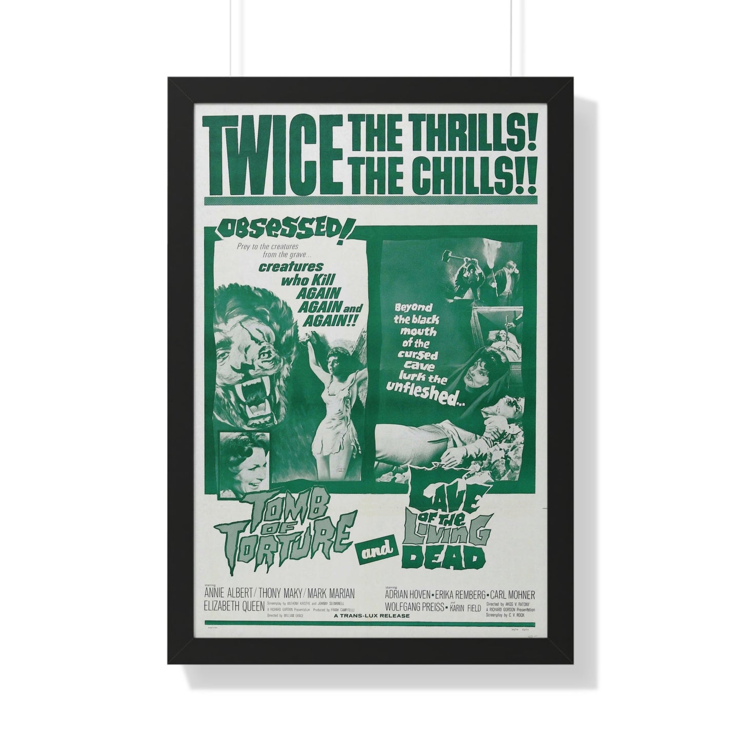 TOMB OF TORTURE + CAVE OF THE LIVING DEAD 1963 - Framed Movie Poster-20" x 30"-The Sticker Space