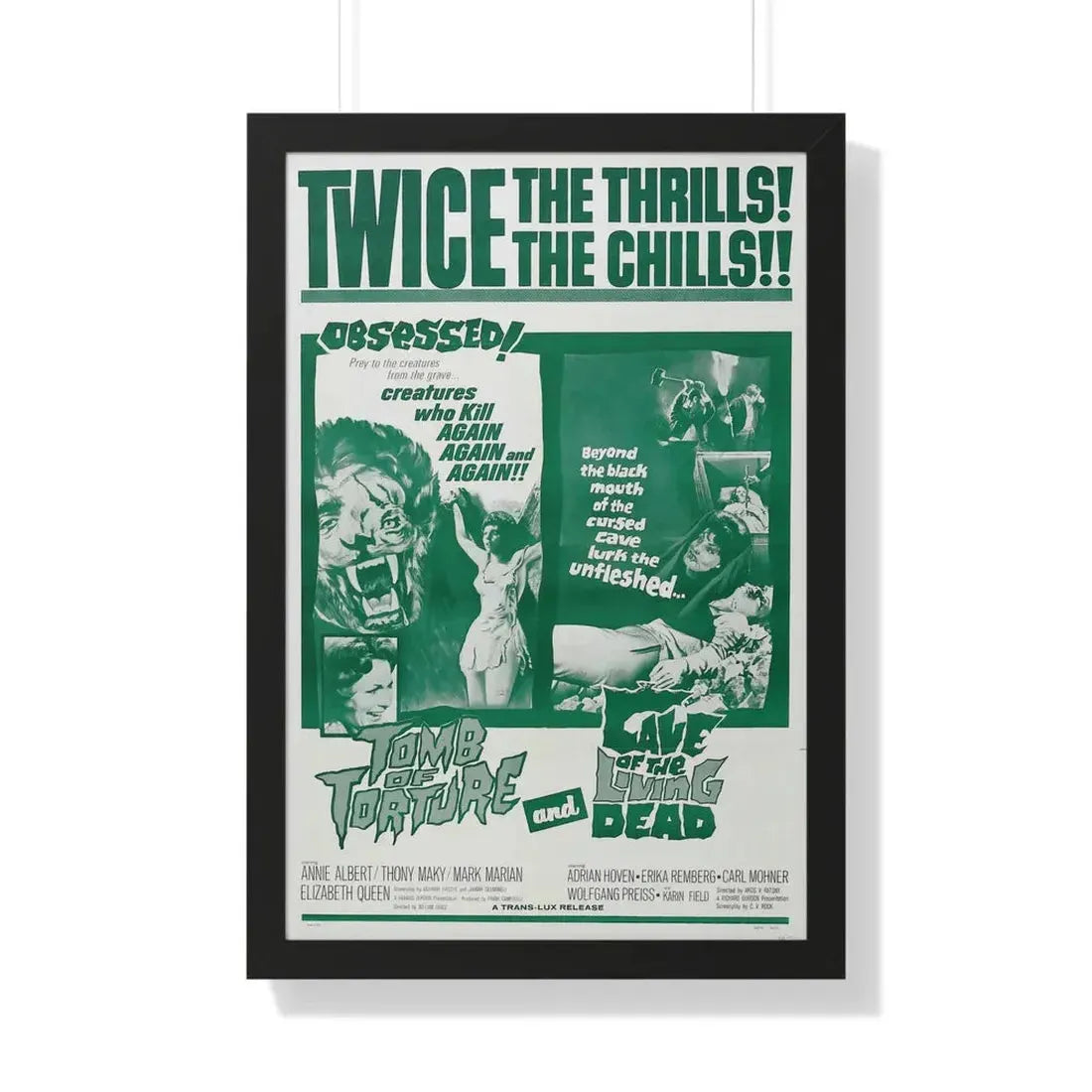 TOMB OF TORTURE + CAVE OF THE LIVING DEAD 1963 - Framed Movie Poster 20" x 30" Black - The Sticker Space