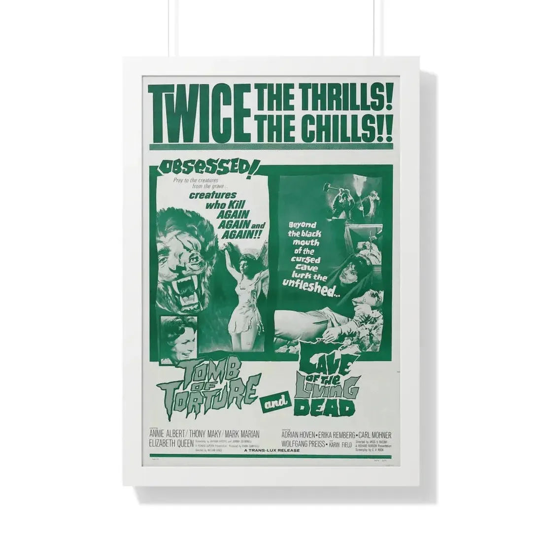 TOMB OF TORTURE + CAVE OF THE LIVING DEAD 1963 - Framed Movie Poster 20" x 30" White - The Sticker Space