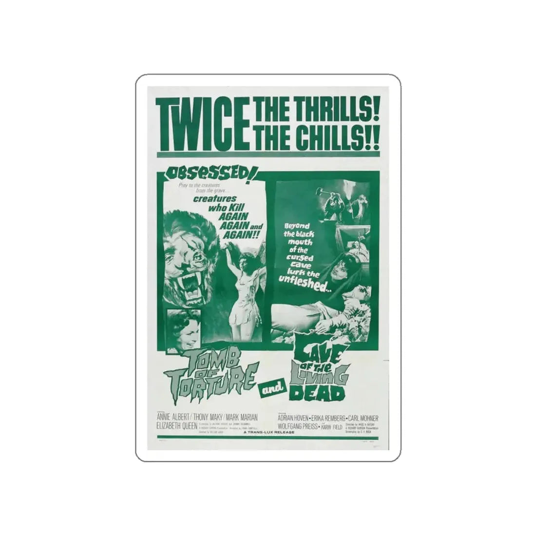 TOMB OF TORTURE + CAVE OF THE LIVING DEAD 1963 Movie Poster STICKER Vinyl Die-Cut Decal 4 Inch - The Sticker Space