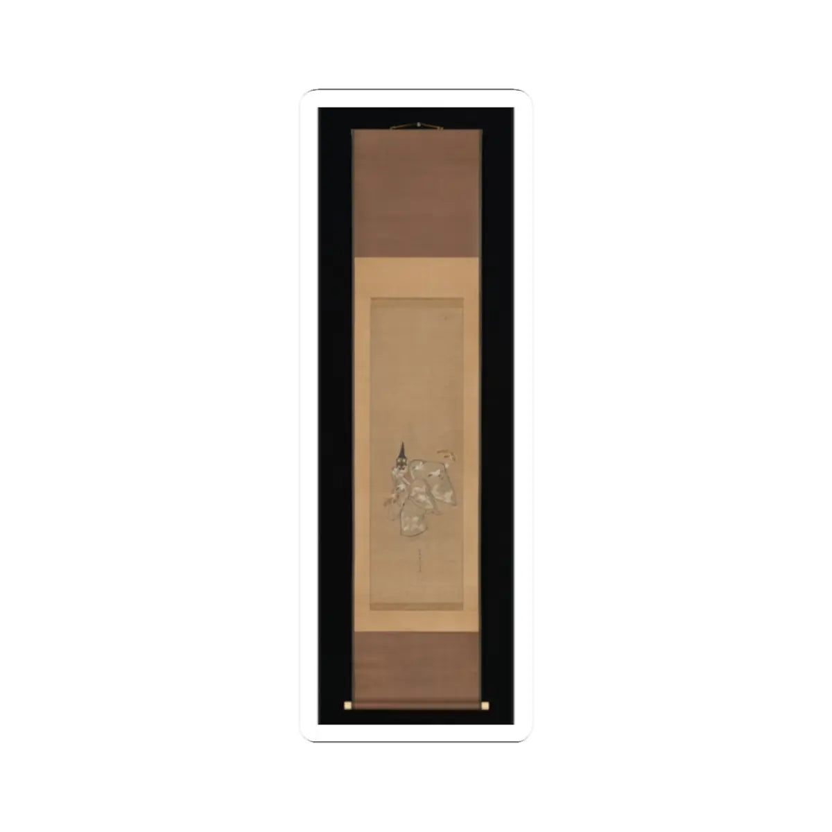 Hanging scroll of a small standing figure in a tall black hat and robes with bird motifs on buff.