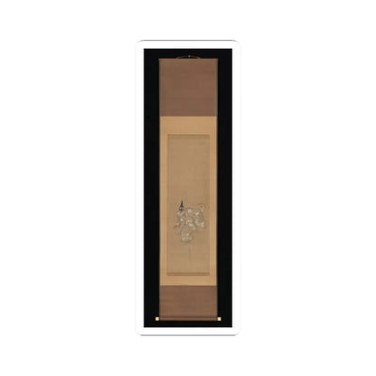 Hanging scroll of a small standing figure in a tall black hat and robes with bird motifs on buff.