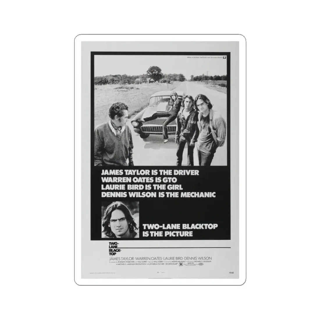 TWO-LANE BLACKTOP 1971 Movie Poster - STICKER Vinyl Kiss-Cut Decal 3 Inch White - The Sticker Space