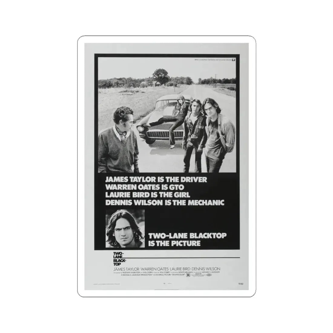 TWO-LANE BLACKTOP 1971 Movie Poster - STICKER Vinyl Kiss-Cut Decal 6 Inch White - The Sticker Space