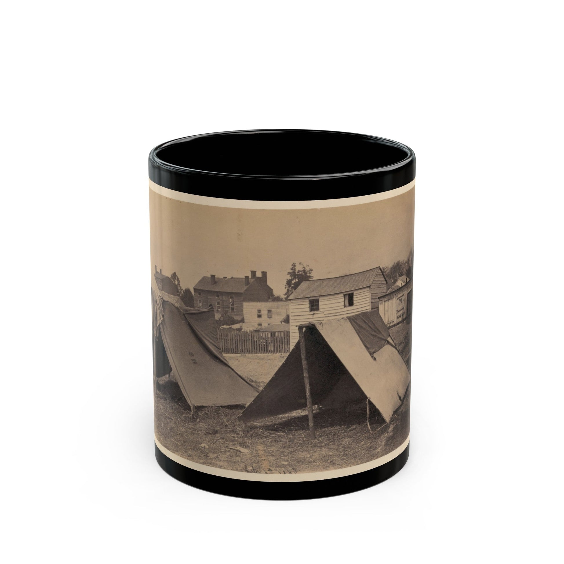 Two Small Tents, With Wood Frame Buildings In The Background (U.S. Civil War) Black Coffee Mug-11oz-The Sticker Space