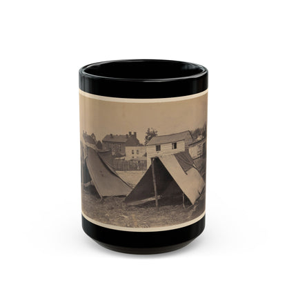 Two Small Tents, With Wood Frame Buildings In The Background (U.S. Civil War) Black Coffee Mug-15oz-The Sticker Space