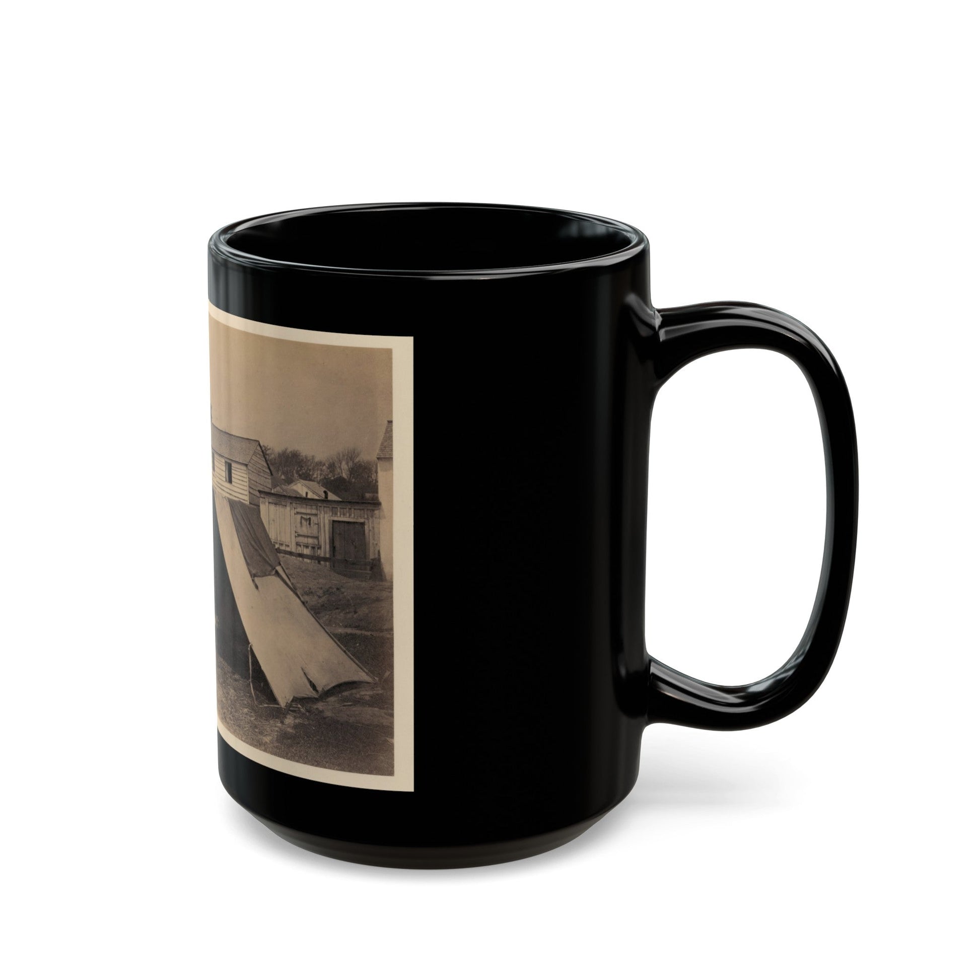 Two Small Tents, With Wood Frame Buildings In The Background (U.S. Civil War) Black Coffee Mug-The Sticker Space