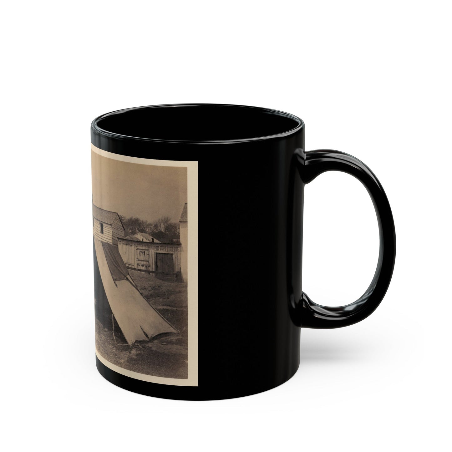 Two Small Tents, With Wood Frame Buildings In The Background (U.S. Civil War) Black Coffee Mug-The Sticker Space