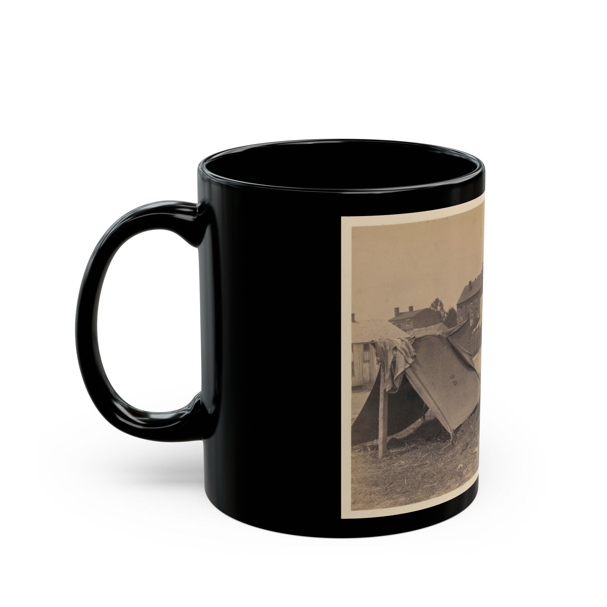 Two Small Tents, With Wood Frame Buildings In The Background (U.S. Civil War) Black Coffee Mug-The Sticker Space