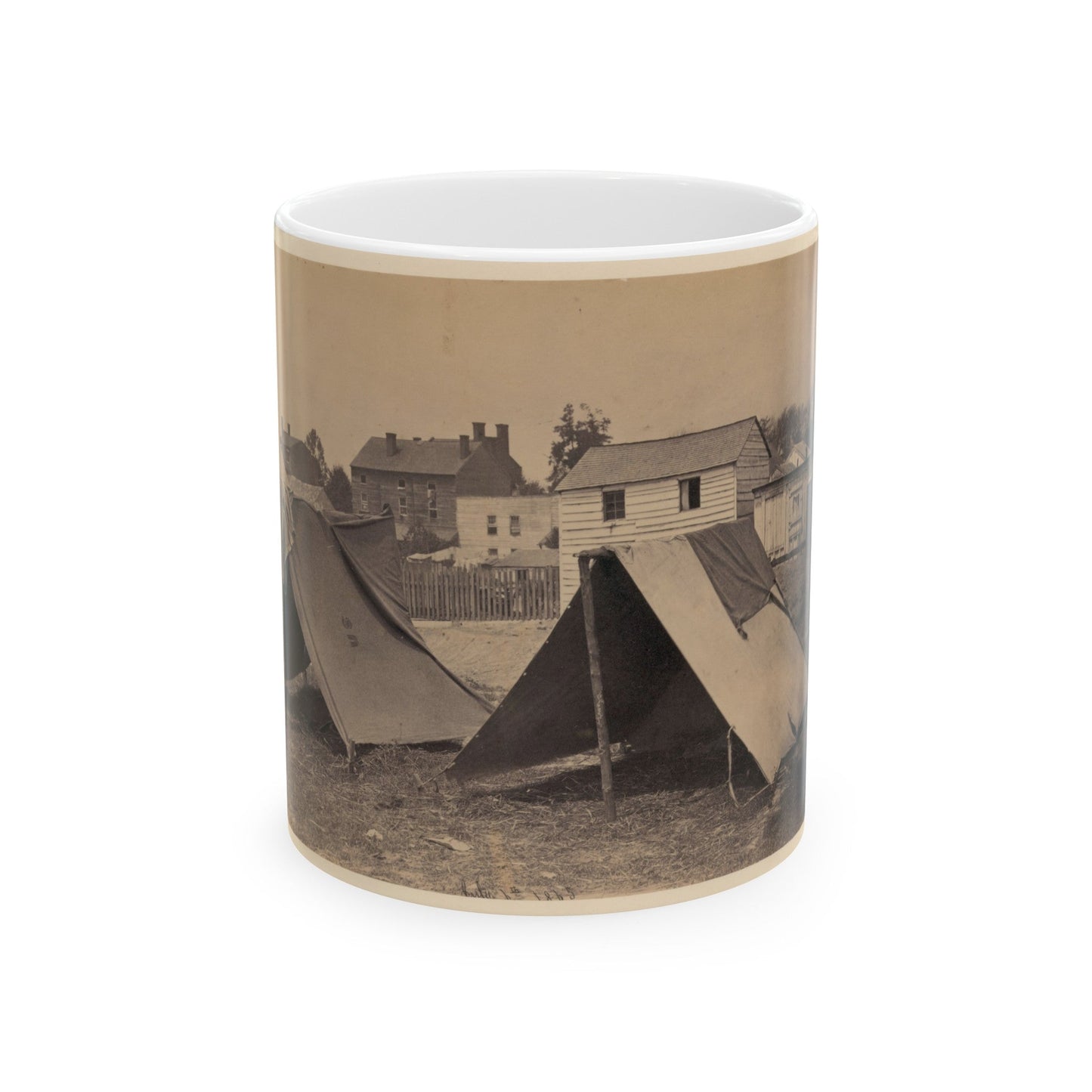 Two Small Tents, With Wood Frame Buildings In The Background (U.S. Civil War) White Coffee Mug-11oz-The Sticker Space