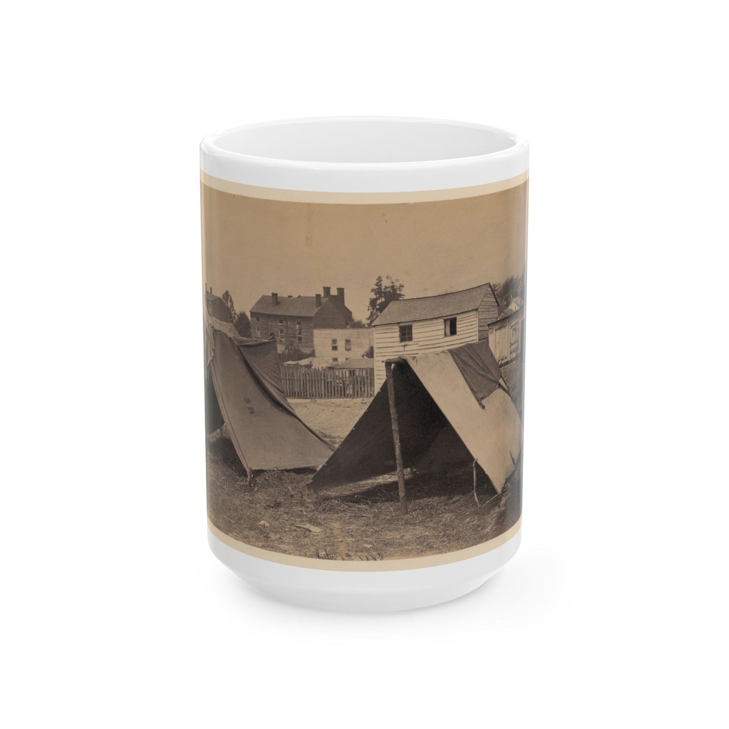 Two Small Tents, With Wood Frame Buildings In The Background (U.S. Civil War) White Coffee Mug-15oz-The Sticker Space