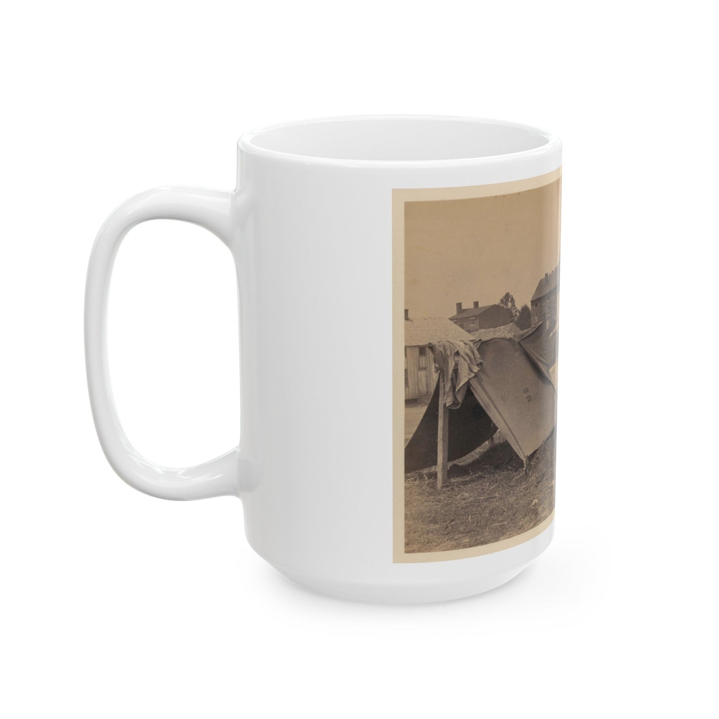 Two Small Tents, With Wood Frame Buildings In The Background (U.S. Civil War) White Coffee Mug-The Sticker Space