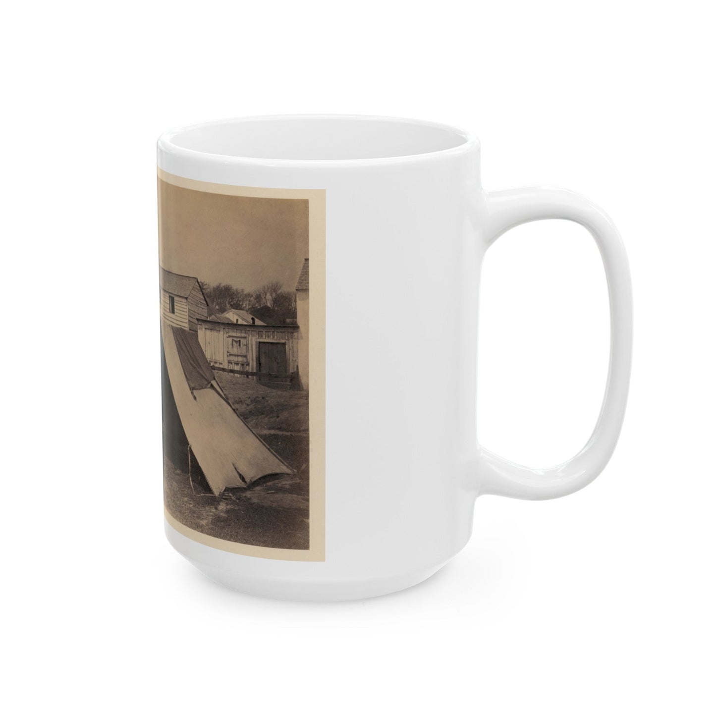 Two Small Tents, With Wood Frame Buildings In The Background (U.S. Civil War) White Coffee Mug-The Sticker Space