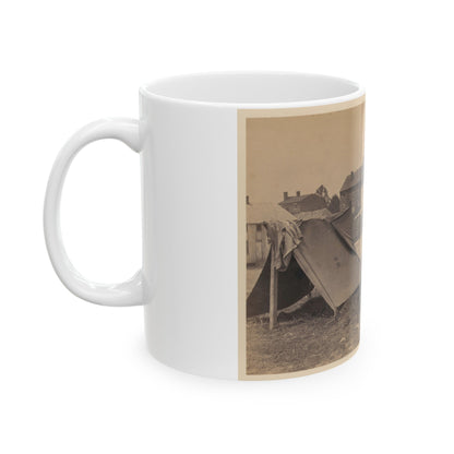 Two Small Tents, With Wood Frame Buildings In The Background (U.S. Civil War) White Coffee Mug-The Sticker Space