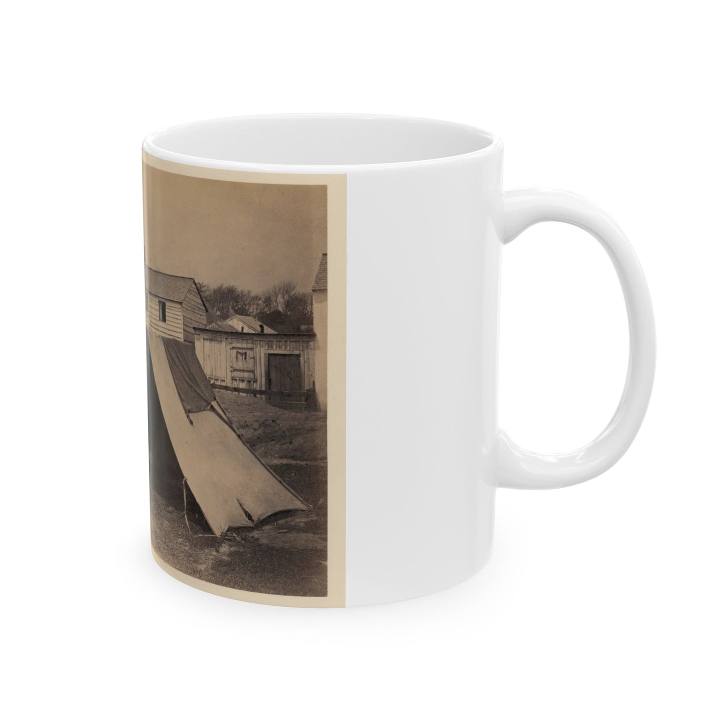 Two Small Tents, With Wood Frame Buildings In The Background (U.S. Civil War) White Coffee Mug-The Sticker Space