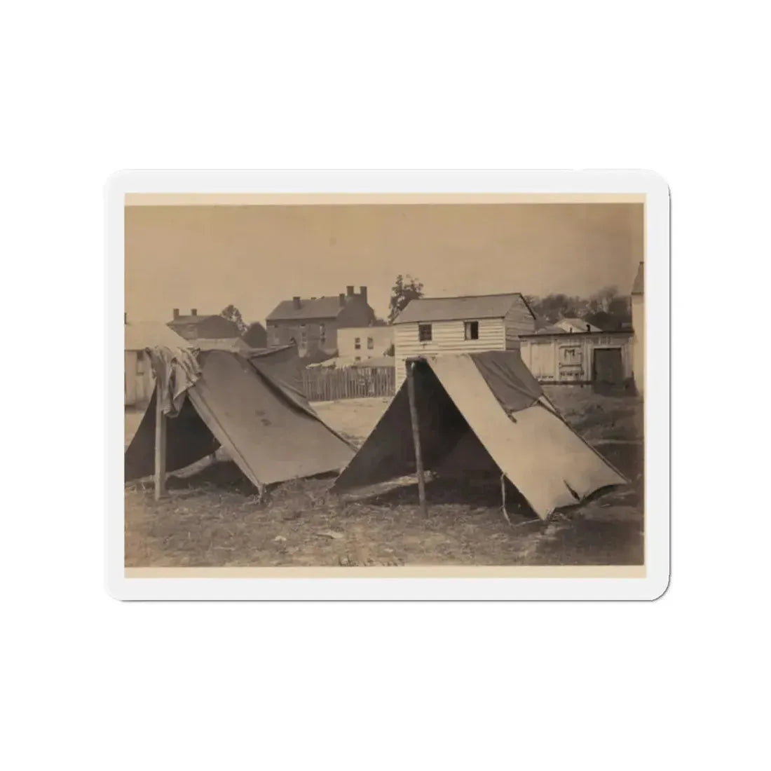 Two Small Tents, With Wood Frame Buildings In The Background (U.S. Civil War) Refrigerator Magnet 2 Inch Die-Cut - The Sticker Space