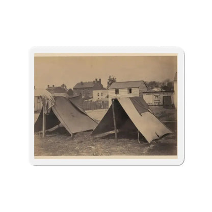Two Small Tents, With Wood Frame Buildings In The Background (U.S. Civil War) Refrigerator Magnet 2 Inch Die-Cut - The Sticker Space