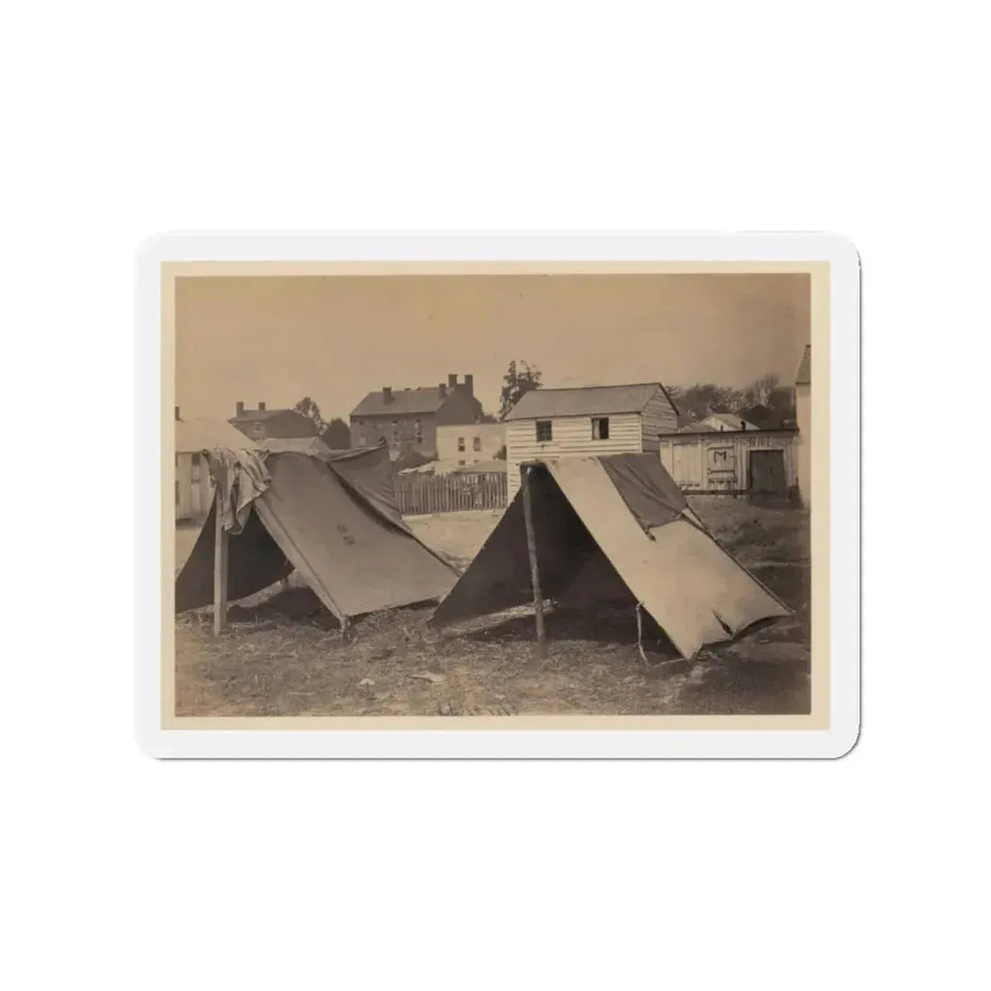 Two Small Tents, With Wood Frame Buildings In The Background (U.S. Civil War) Refrigerator Magnet 3 Inch Die-Cut - The Sticker Space