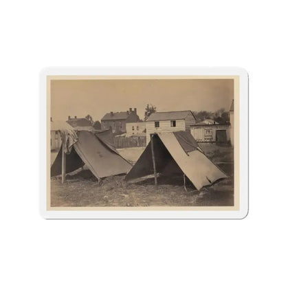 Two Small Tents, With Wood Frame Buildings In The Background (U.S. Civil War) Refrigerator Magnet 3 Inch Die-Cut - The Sticker Space