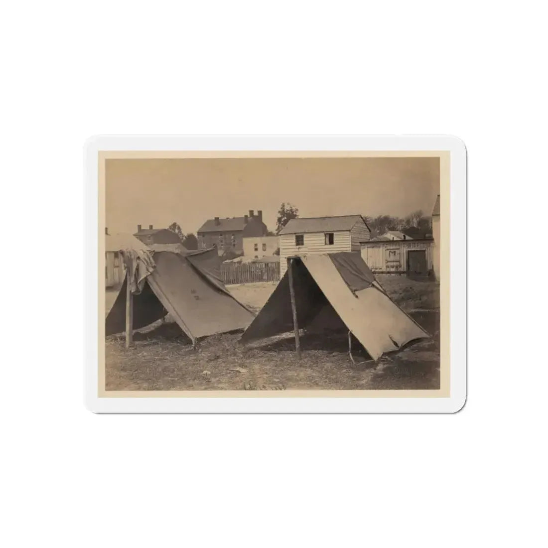Two Small Tents, With Wood Frame Buildings In The Background (U.S. Civil War) Refrigerator Magnet 4 Inch Die-Cut - The Sticker Space