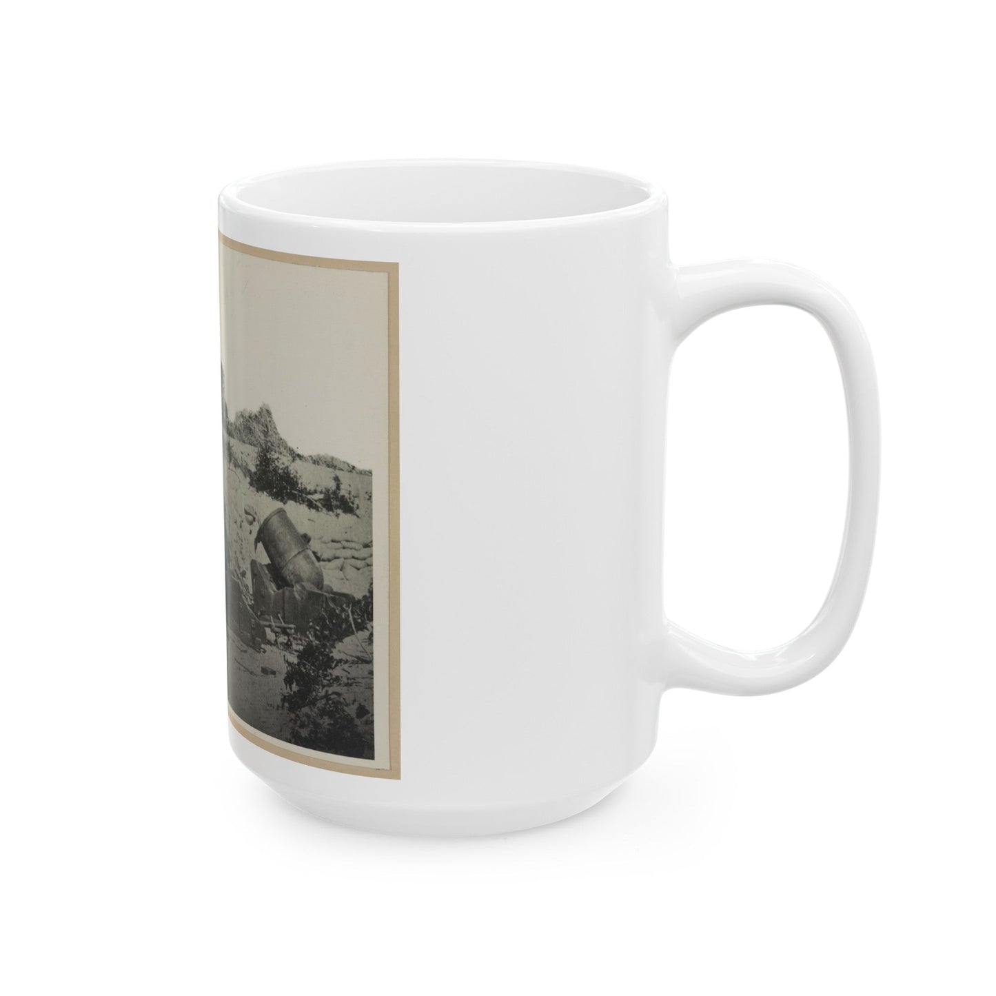 Two Trench Mortars Behind Sandbagged Barricade (U.S. Civil War) White Coffee Mug-The Sticker Space